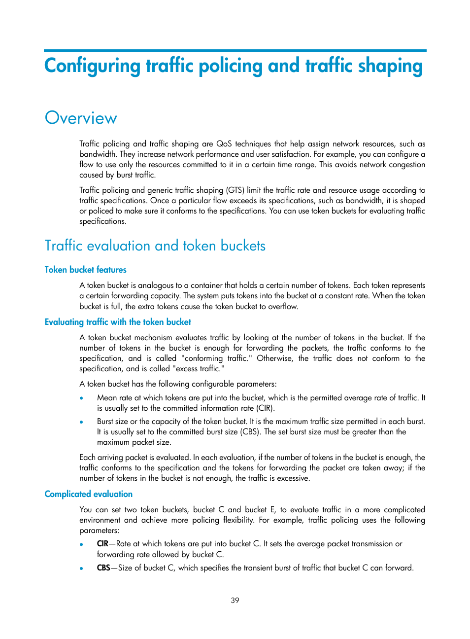 Configuring traffic policing and traffic shaping, Overview, Traffic evaluation and token buckets | Token bucket features, Evaluating traffic with the token bucket, Complicated evaluation | H3C Technologies H3C S12500 Series Switches User Manual | Page 48 / 96