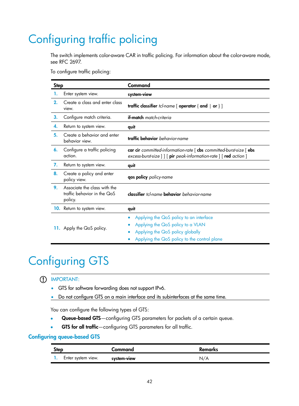 Configuring traffic policing, Configuring gts, Configuring queue-based gts | H3C Technologies H3C S12500 Series Switches User Manual | Page 51 / 96