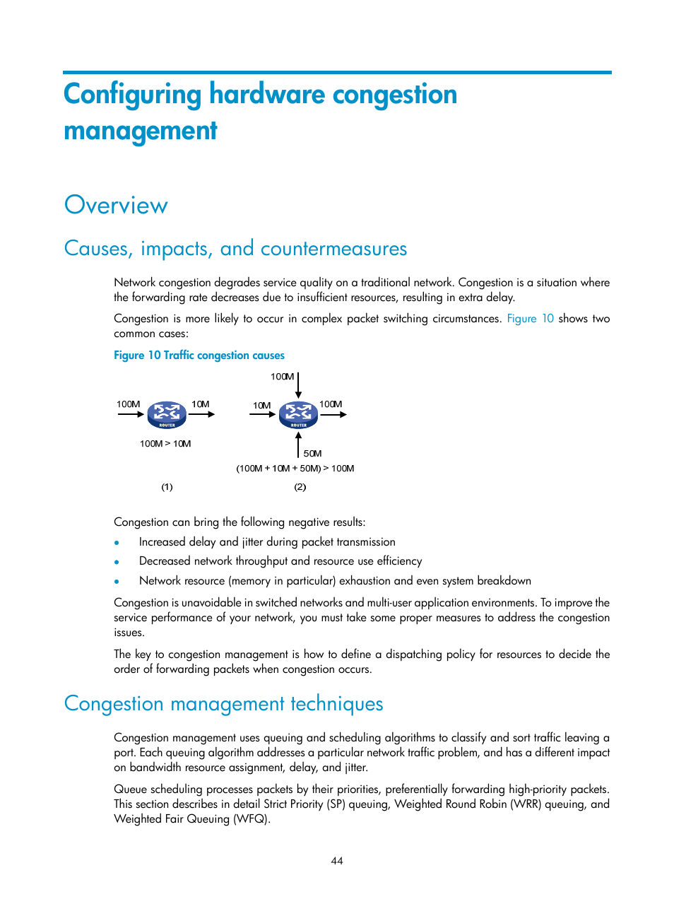 Configuring hardware congestion management, Overview, Causes, impacts, and countermeasures | Congestion management techniques | H3C Technologies H3C S12500 Series Switches User Manual | Page 53 / 96