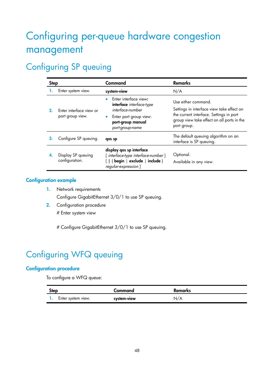 Configuring sp queuing, Configuration example, Configuring wfq queuing | Configuration procedure | H3C Technologies H3C S12500 Series Switches User Manual | Page 57 / 96