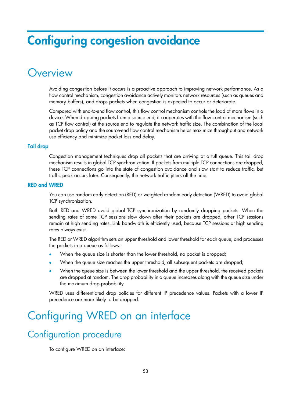Configuring congestion avoidance, Overview, Tail drop | Red and wred, Configuring wred on an interface, Configuration procedure | H3C Technologies H3C S12500 Series Switches User Manual | Page 62 / 96