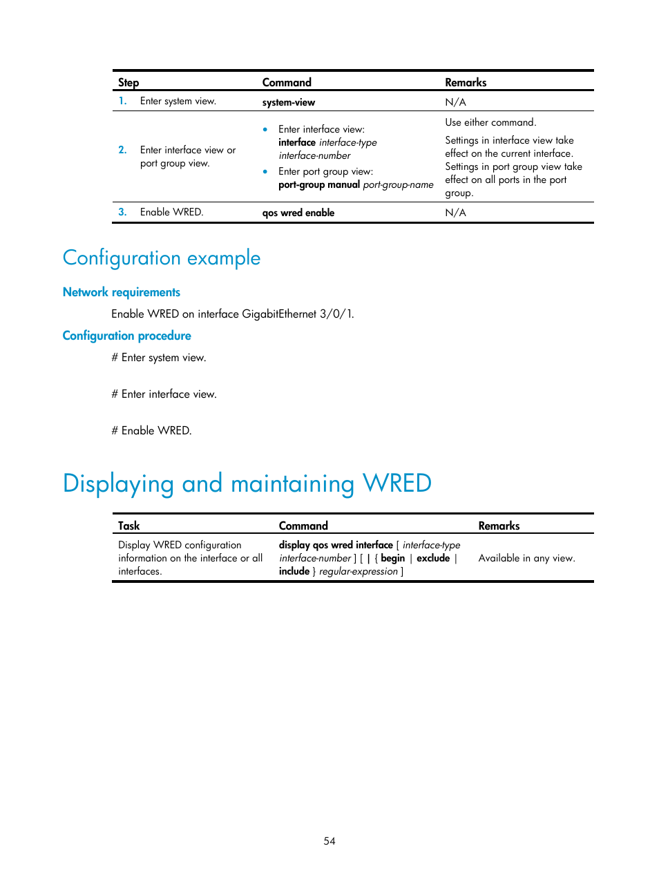 Configuration example, Network requirements, Configuration procedure | Displaying and maintaining wred | H3C Technologies H3C S12500 Series Switches User Manual | Page 63 / 96