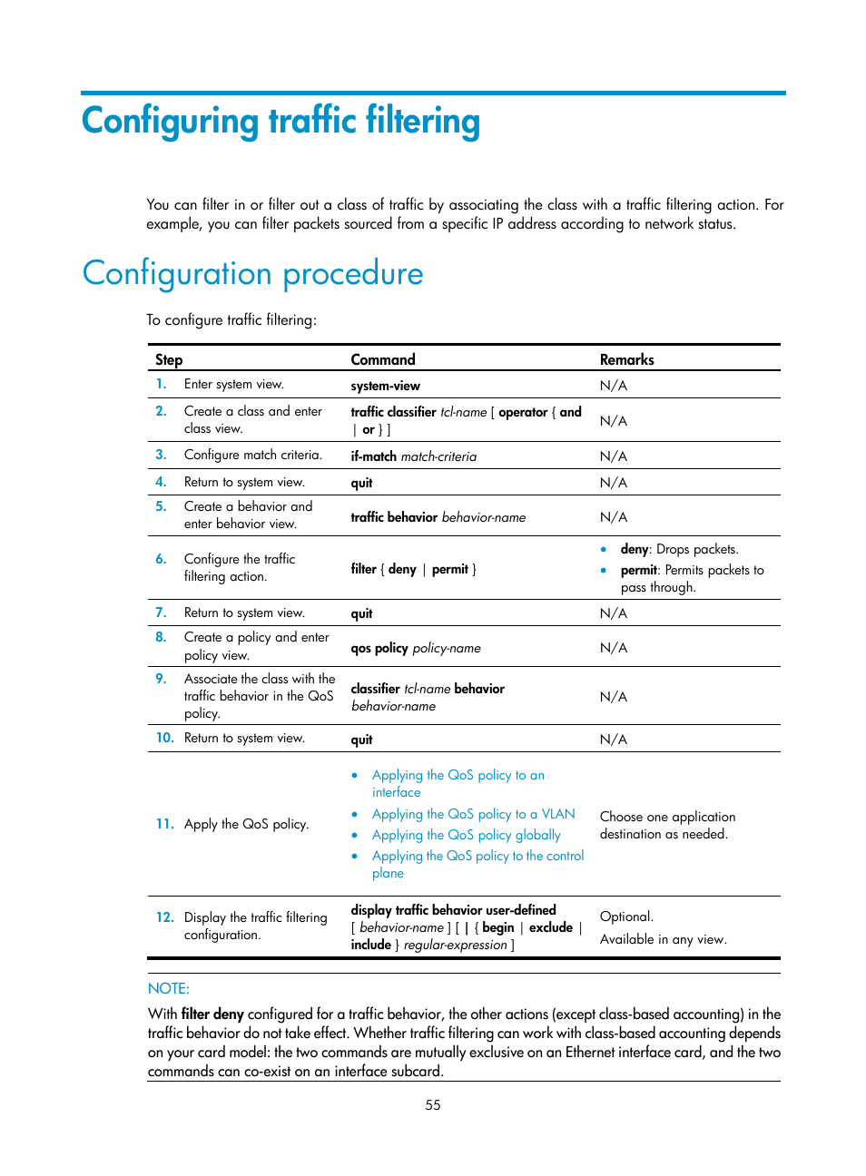 Configuring traffic filtering, Configuration procedure | H3C Technologies H3C S12500 Series Switches User Manual | Page 64 / 96