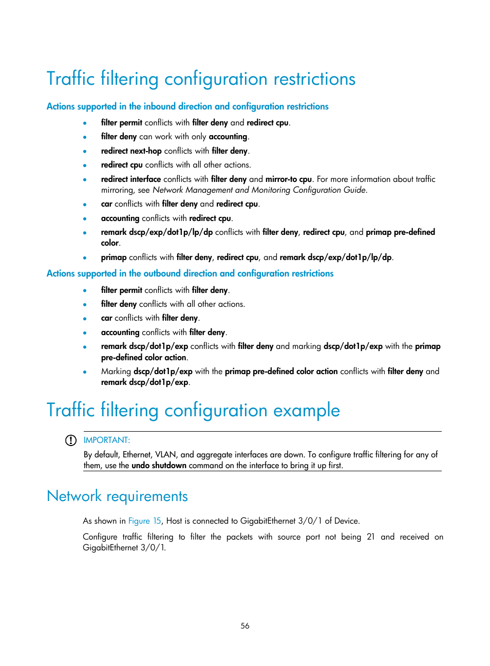 Traffic filtering configuration restrictions, Traffic filtering configuration example, Network requirements | H3C Technologies H3C S12500 Series Switches User Manual | Page 65 / 96