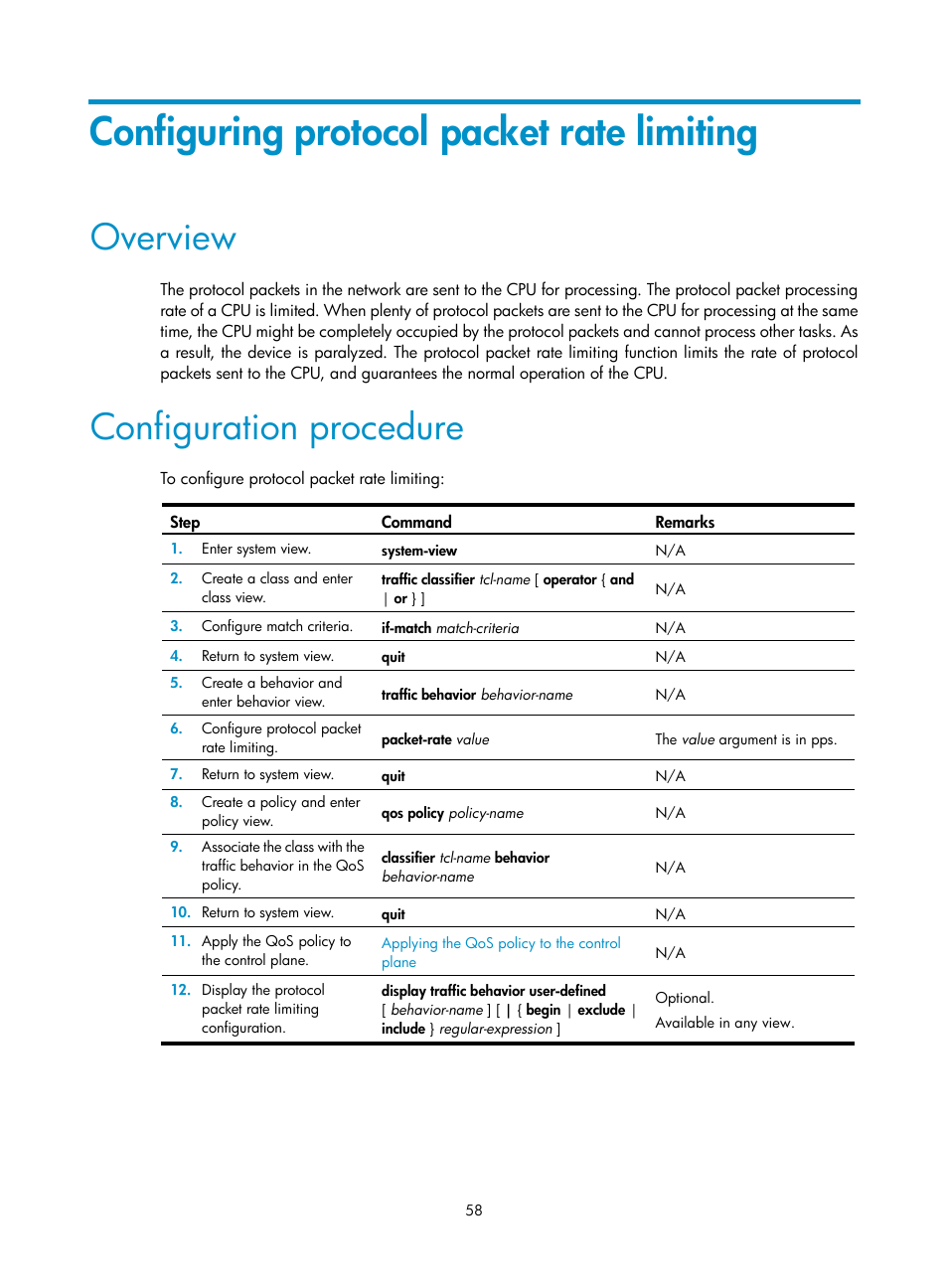 Configuring protocol packet rate limiting, Overview, Configuration procedure | H3C Technologies H3C S12500 Series Switches User Manual | Page 67 / 96