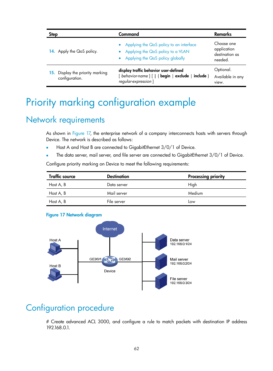 Priority marking configuration example, Network requirements, Configuration procedure | H3C Technologies H3C S12500 Series Switches User Manual | Page 71 / 96