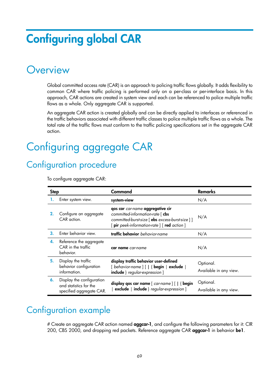 Configuring global car, Overview, Configuring aggregate car | Configuration procedure, Configuration example | H3C Technologies H3C S12500 Series Switches User Manual | Page 78 / 96