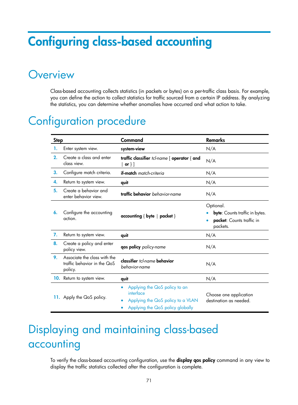 Configuring class-based accounting, Overview, Configuration procedure | Displaying and maintaining class-based accounting | H3C Technologies H3C S12500 Series Switches User Manual | Page 80 / 96