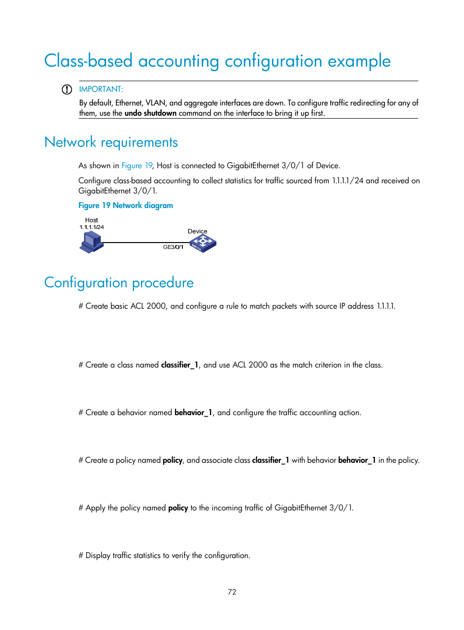 Class-based accounting configuration example, Network requirements, Configuration procedure | H3C Technologies H3C S12500 Series Switches User Manual | Page 81 / 96