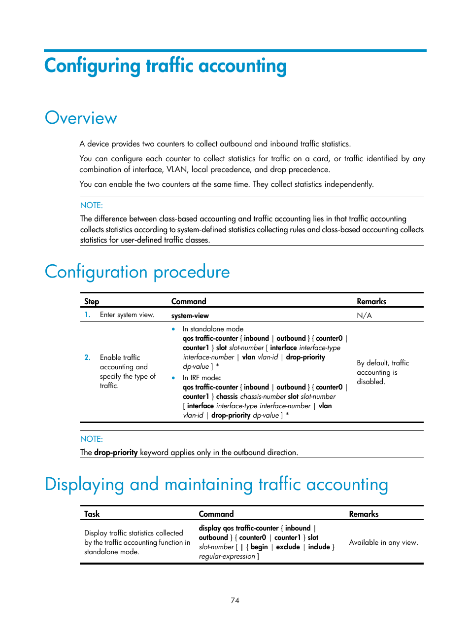 Configuring traffic accounting, Overview, Configuration procedure | Displaying and maintaining traffic accounting | H3C Technologies H3C S12500 Series Switches User Manual | Page 83 / 96