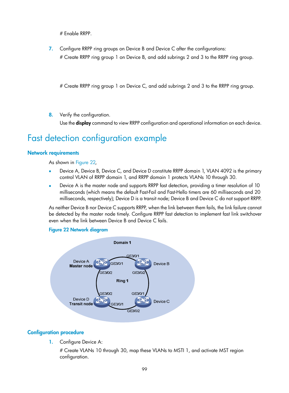 Fast detection configuration example, Network requirements, Configuration procedure | H3C Technologies H3C S12500 Series Switches User Manual | Page 110 / 241