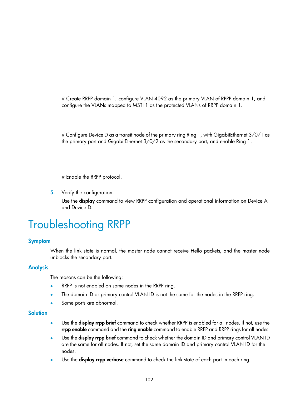 Troubleshooting rrpp, Symptom, Analysis | Solution | H3C Technologies H3C S12500 Series Switches User Manual | Page 113 / 241