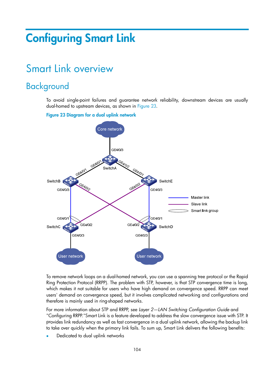Configuring smart link, Smart link overview, Background | H3C Technologies H3C S12500 Series Switches User Manual | Page 115 / 241
