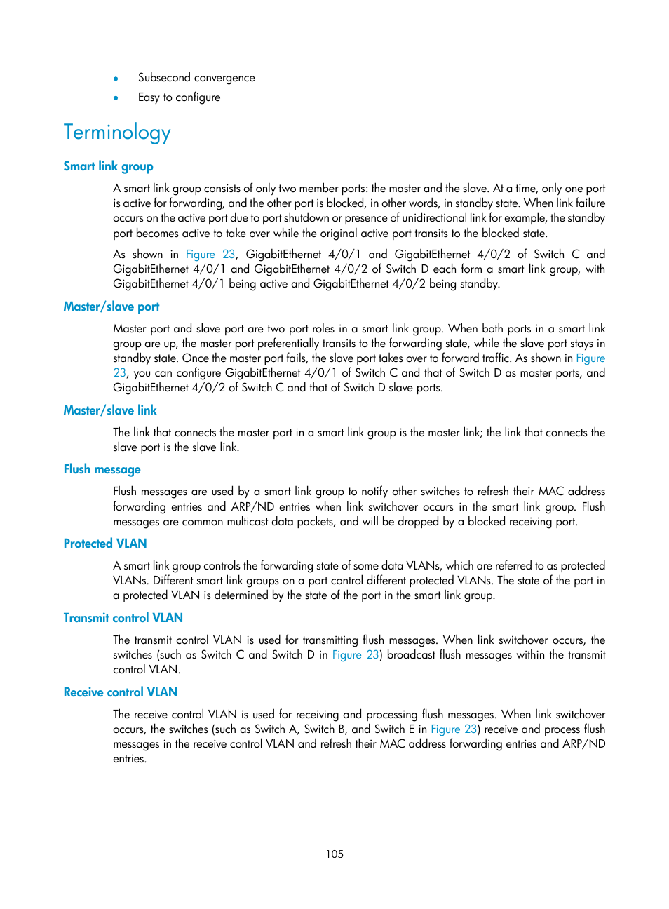 Terminology, Smart link group, Master/slave port | Master/slave link, Flush message, Protected vlan, Transmit control vlan, Receive control vlan | H3C Technologies H3C S12500 Series Switches User Manual | Page 116 / 241