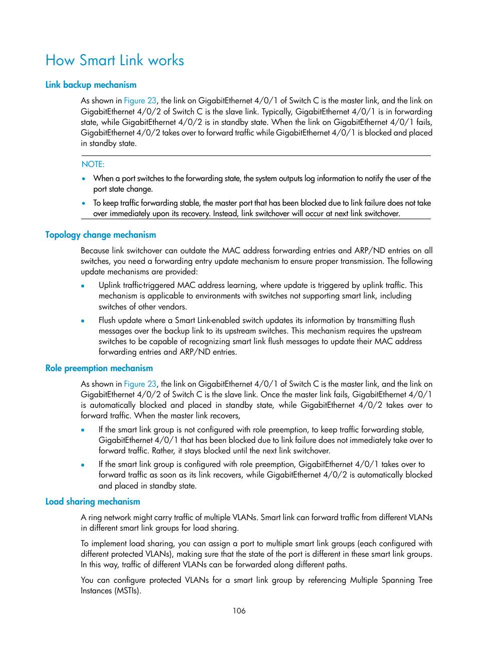 How smart link works, Link backup mechanism, Topology change mechanism | Role preemption mechanism, Load sharing mechanism | H3C Technologies H3C S12500 Series Switches User Manual | Page 117 / 241
