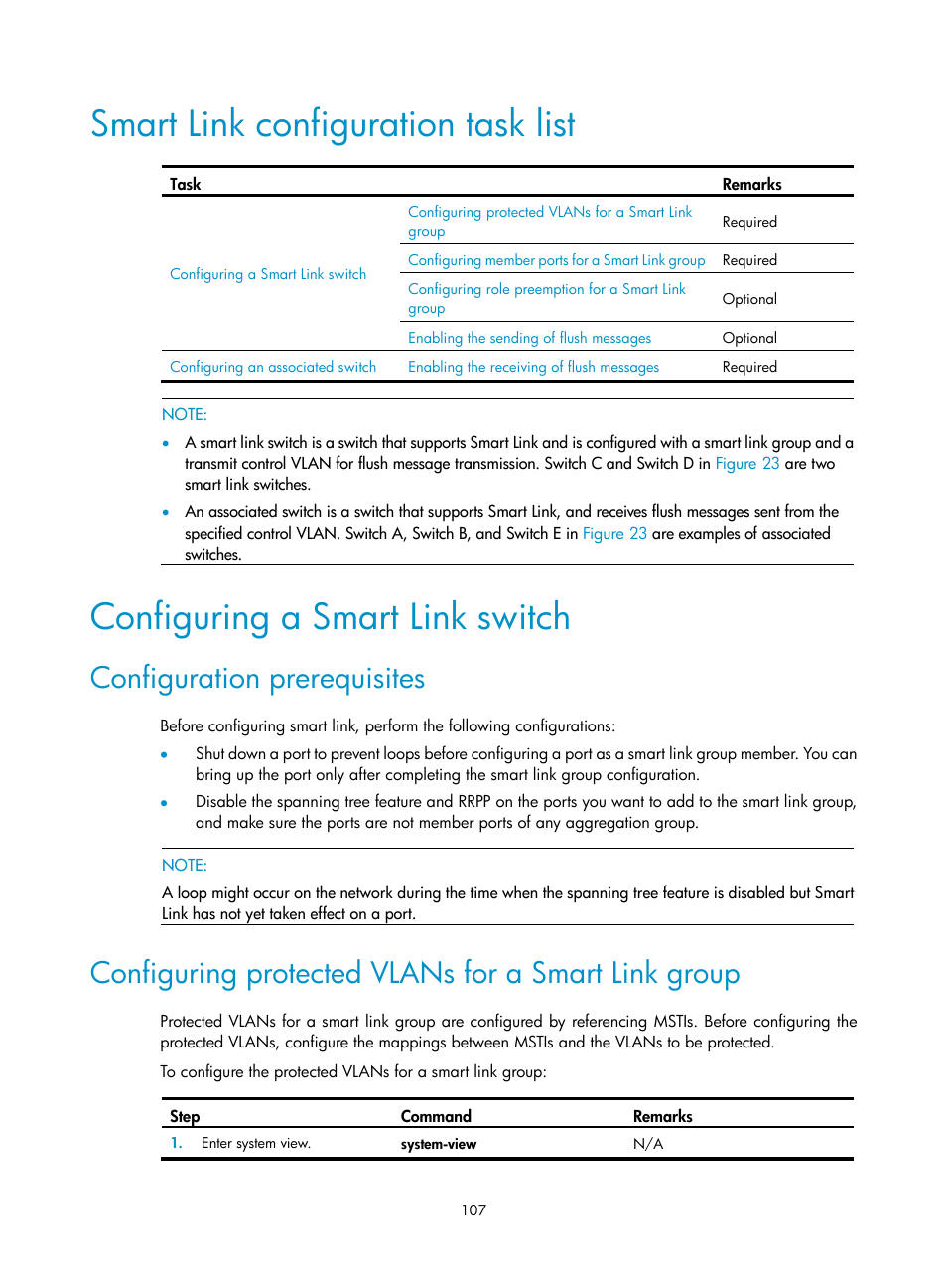 Smart link configuration task list, Configuring a smart link switch, Configuration prerequisites | Configuring protected vlans for a smart link group | H3C Technologies H3C S12500 Series Switches User Manual | Page 118 / 241