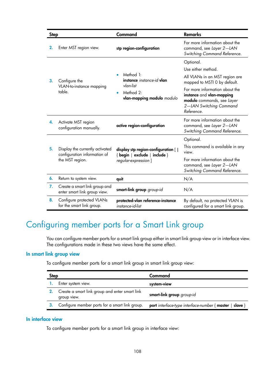 Configuring member ports for a smart link group, In smart link group view, In interface view | H3C Technologies H3C S12500 Series Switches User Manual | Page 119 / 241
