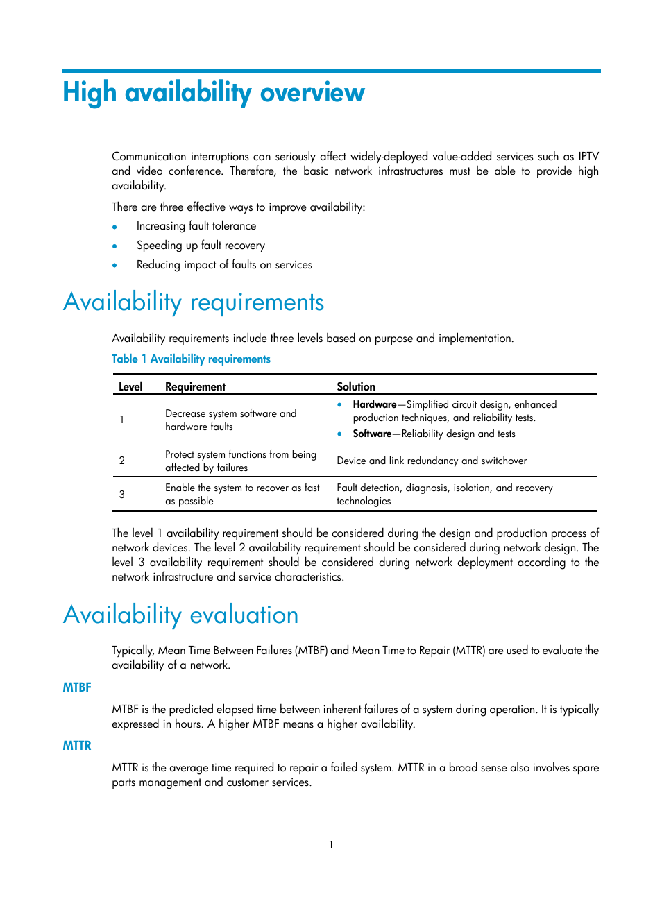 High availability overview, Availability requirements, Availability evaluation | Mtbf, Mttr | H3C Technologies H3C S12500 Series Switches User Manual | Page 12 / 241