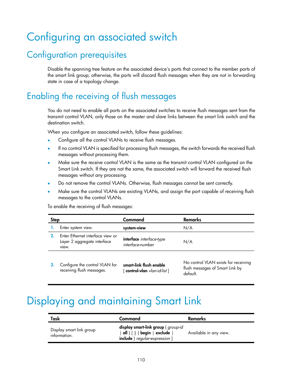 Configuring an associated switch, Configuration prerequisites, Enabling the receiving of flush messages | Displaying and maintaining smart link | H3C Technologies H3C S12500 Series Switches User Manual | Page 121 / 241