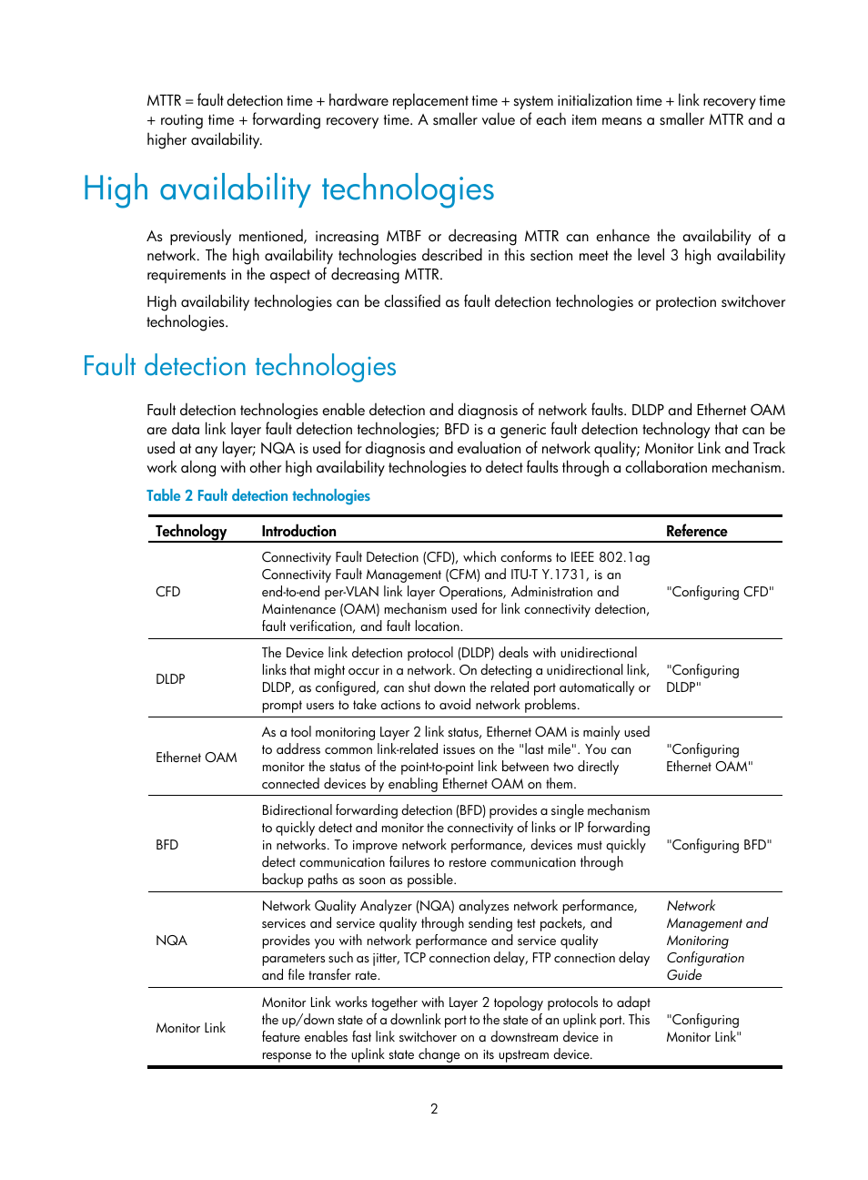 High availability technologies, Fault detection technologies | H3C Technologies H3C S12500 Series Switches User Manual | Page 13 / 241