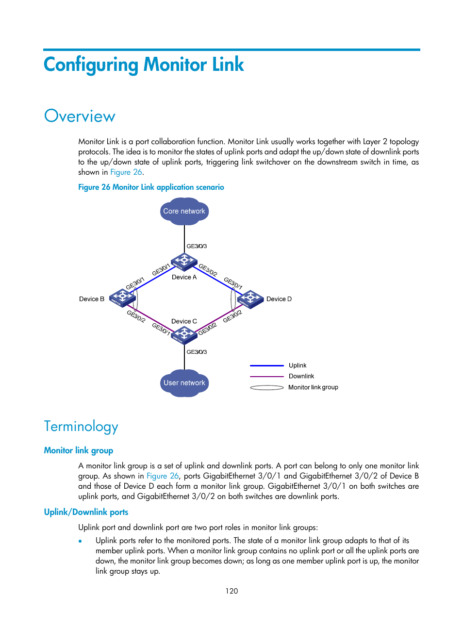 Configuring monitor link, Overview, Terminology | Monitor link group, Uplink/downlink ports, Configuring, Monitor link | H3C Technologies H3C S12500 Series Switches User Manual | Page 131 / 241