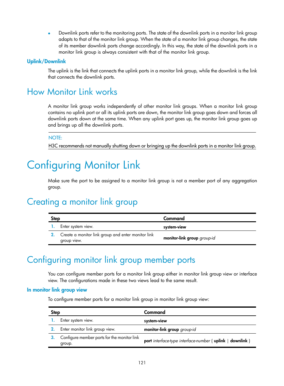 Uplink/downlink, How monitor link works, Configuring monitor link | Creating a monitor link group, Configuring monitor link group member ports, In monitor link group view | H3C Technologies H3C S12500 Series Switches User Manual | Page 132 / 241