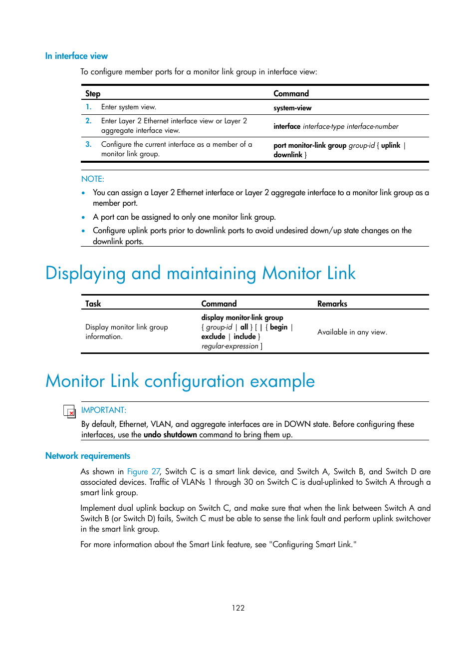 In interface view, Displaying and maintaining monitor link, Monitor link configuration example | Network requirements | H3C Technologies H3C S12500 Series Switches User Manual | Page 133 / 241