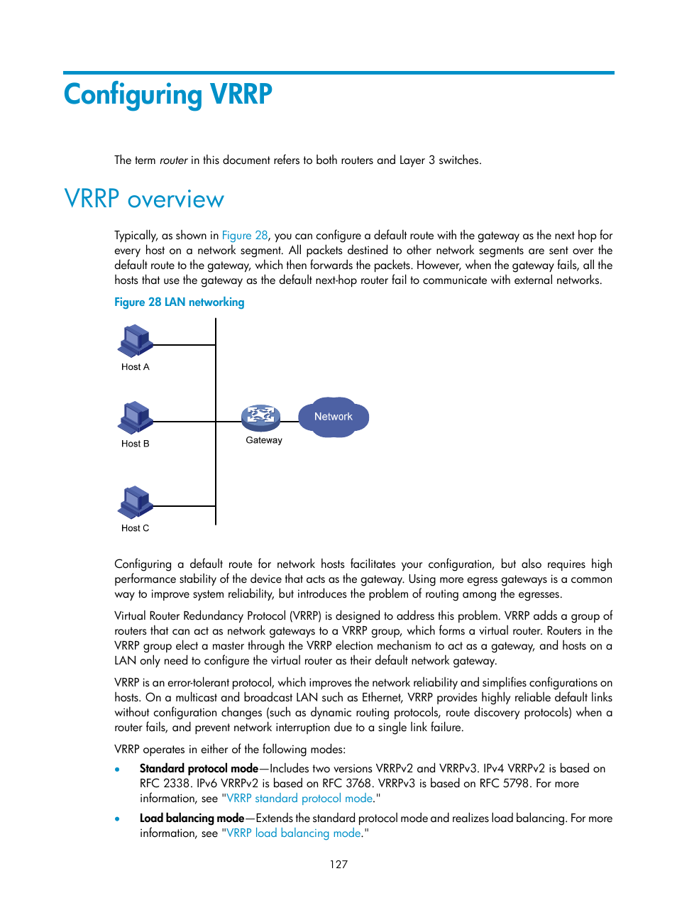 Configuring vrrp, Vrrp overview | H3C Technologies H3C S12500 Series Switches User Manual | Page 138 / 241