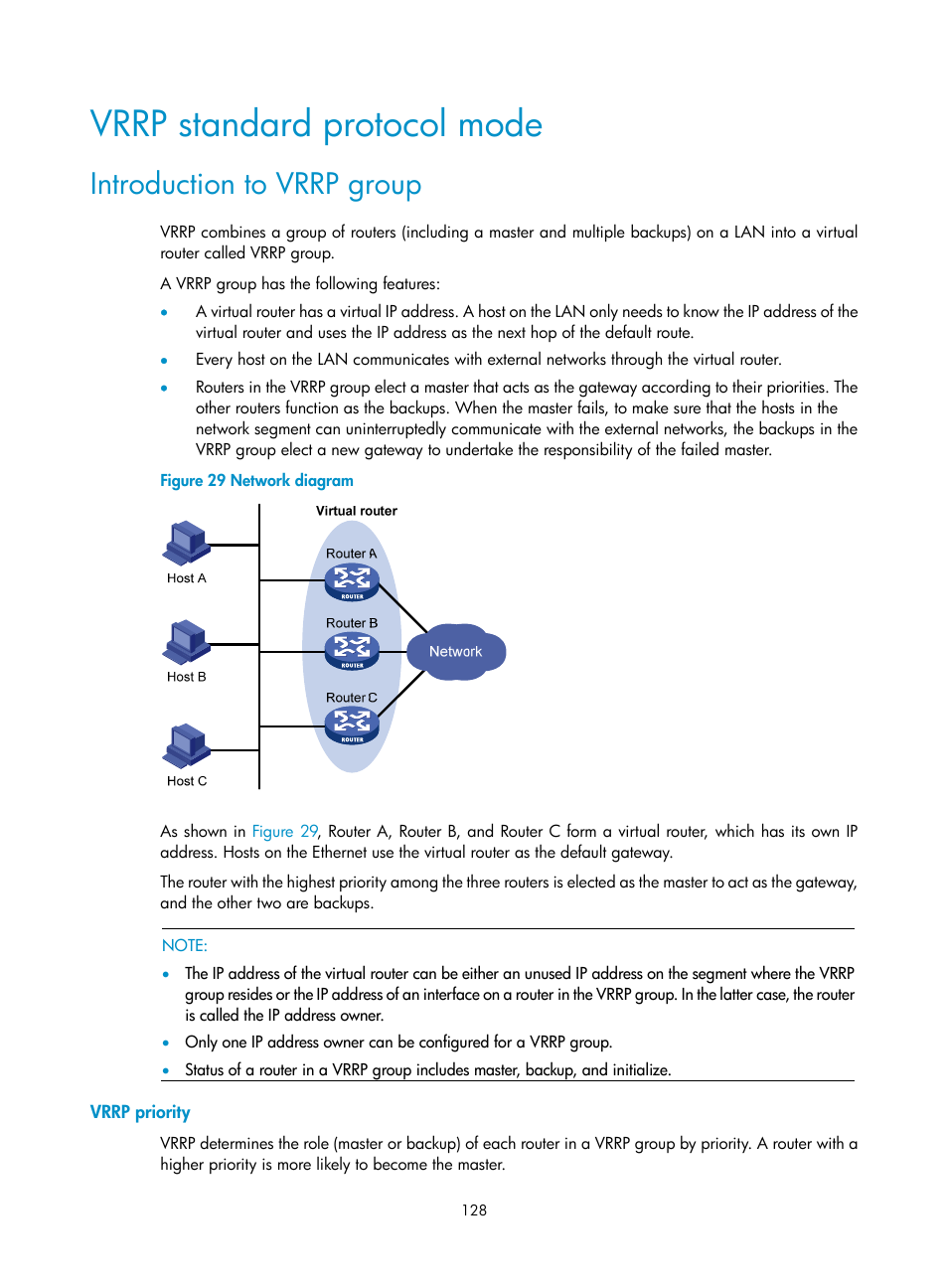 Vrrp standard protocol mode, Introduction to vrrp group, Vrrp priority | H3C Technologies H3C S12500 Series Switches User Manual | Page 139 / 241