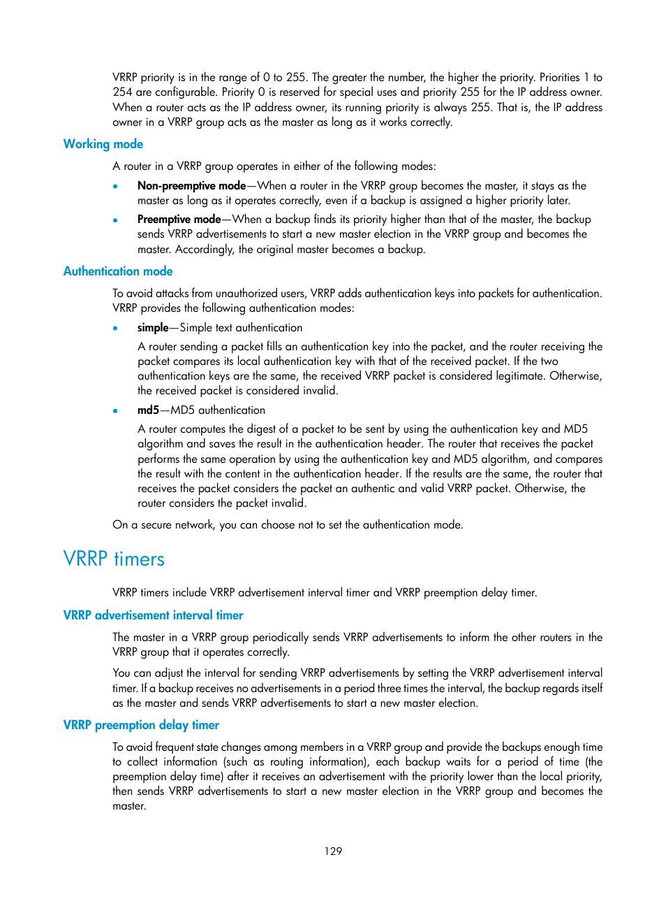 Working mode, Authentication mode, Vrrp timers | Vrrp advertisement interval timer, Vrrp preemption delay timer | H3C Technologies H3C S12500 Series Switches User Manual | Page 140 / 241
