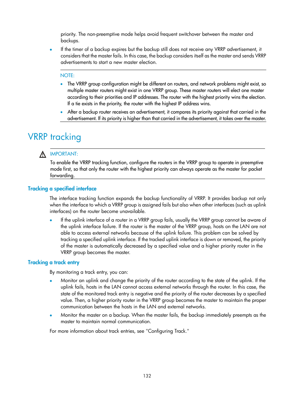 Vrrp tracking, Tracking a specified interface, Tracking a track entry | H3C Technologies H3C S12500 Series Switches User Manual | Page 143 / 241