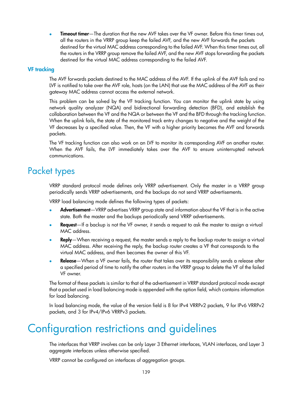 Vf tracking, Packet types, Configuration restrictions and guidelines | H3C Technologies H3C S12500 Series Switches User Manual | Page 150 / 241