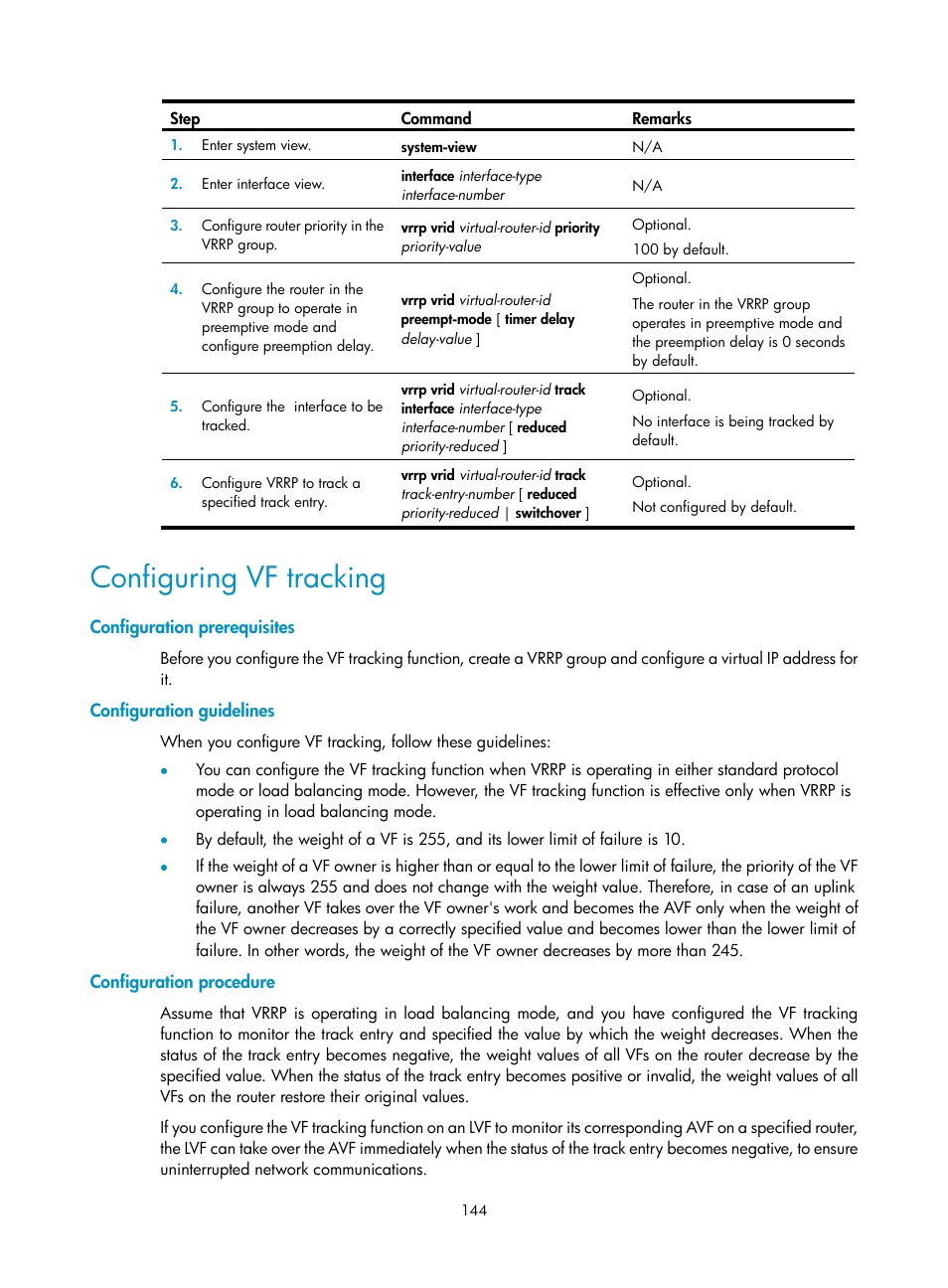 Configuring vf tracking, Configuration prerequisites, Configuration guidelines | Configuration procedure | H3C Technologies H3C S12500 Series Switches User Manual | Page 155 / 241