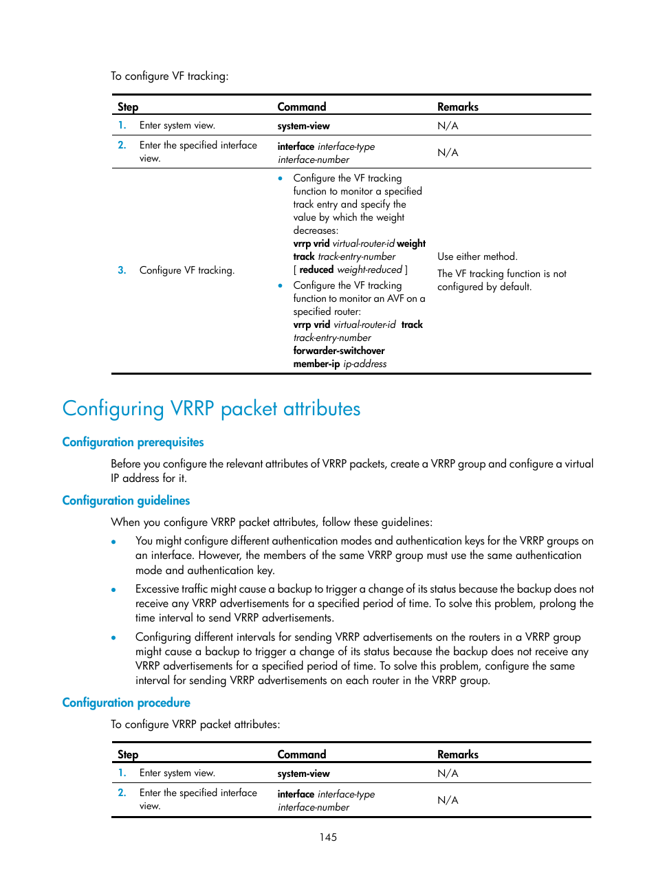 Configuring vrrp packet attributes, Configuration prerequisites, Configuration guidelines | Configuration procedure | H3C Technologies H3C S12500 Series Switches User Manual | Page 156 / 241