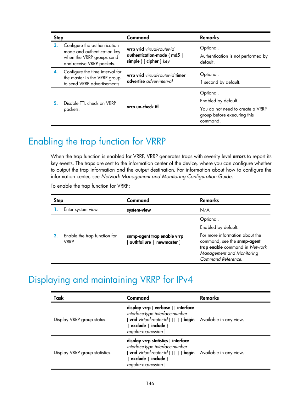 Enabling the trap function for vrrp, Displaying and maintaining vrrp for ipv4 | H3C Technologies H3C S12500 Series Switches User Manual | Page 157 / 241