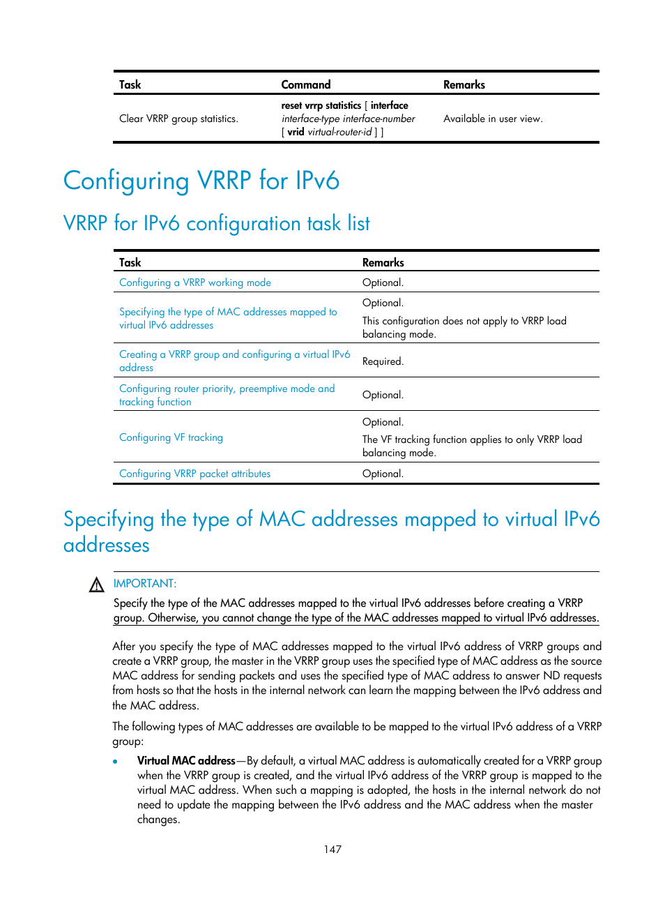 Configuring vrrp for ipv6, Vrrp for ipv6 configuration task list | H3C Technologies H3C S12500 Series Switches User Manual | Page 158 / 241