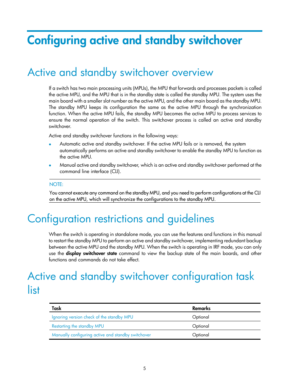 Configuring active and standby switchover, Active and standby switchover overview, Configuration restrictions and guidelines | Configuring active and standby, Switchover | H3C Technologies H3C S12500 Series Switches User Manual | Page 16 / 241