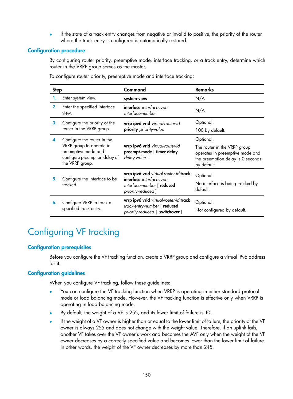 Configuration procedure, Configuring vf tracking, Configuration prerequisites | Configuration guidelines | H3C Technologies H3C S12500 Series Switches User Manual | Page 161 / 241