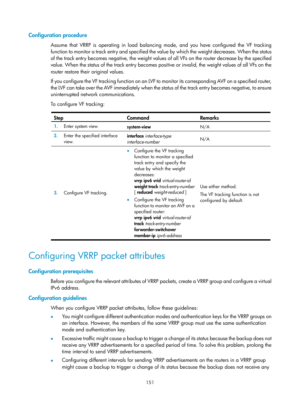 Configuration procedure, Configuring vrrp packet attributes, Configuration prerequisites | Configuration guidelines | H3C Technologies H3C S12500 Series Switches User Manual | Page 162 / 241