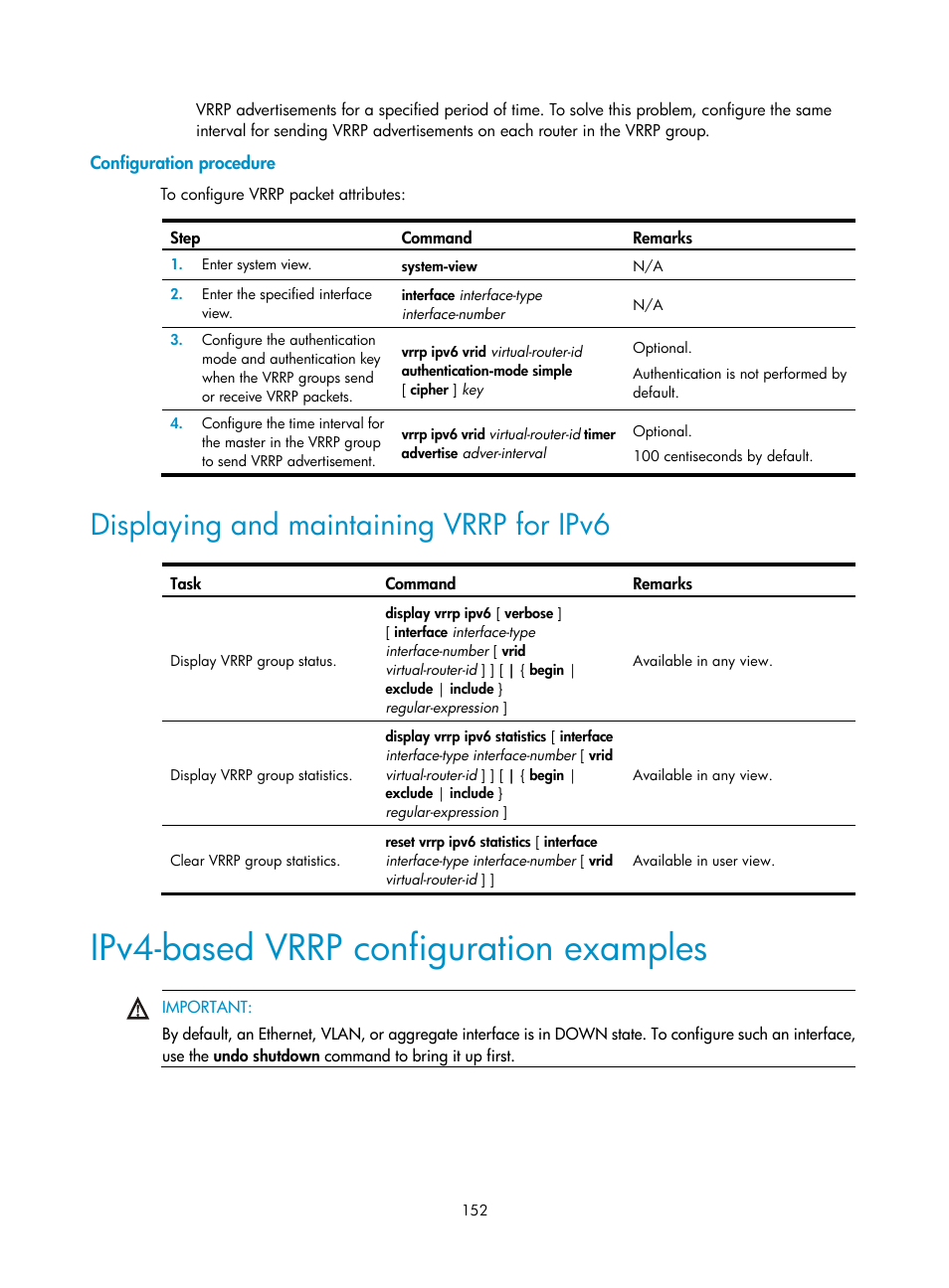 Configuration procedure, Displaying and maintaining vrrp for ipv6, Ipv4-based vrrp configuration examples | H3C Technologies H3C S12500 Series Switches User Manual | Page 163 / 241