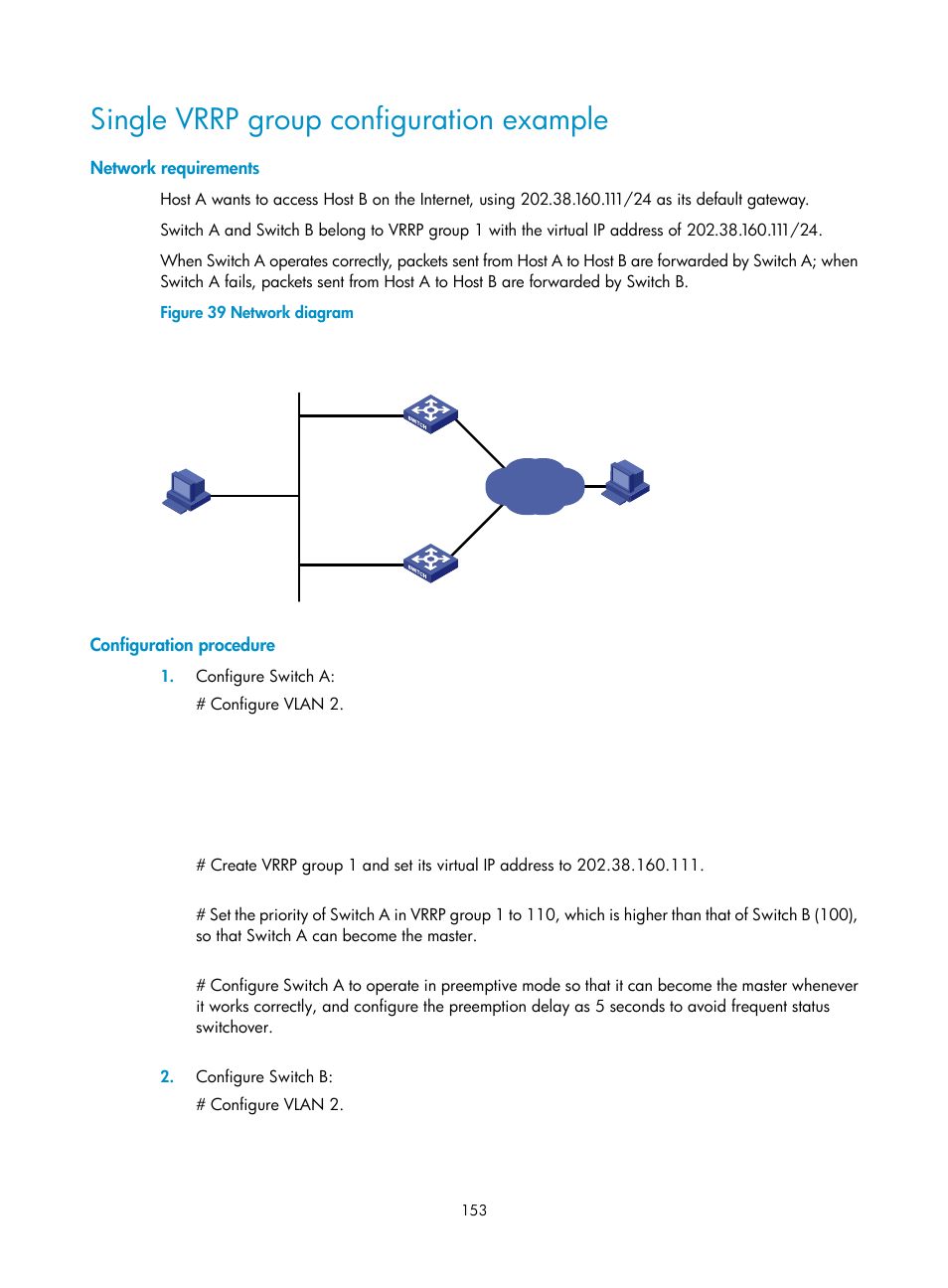 Single vrrp group configuration example, Network requirements, Configuration procedure | H3C Technologies H3C S12500 Series Switches User Manual | Page 164 / 241