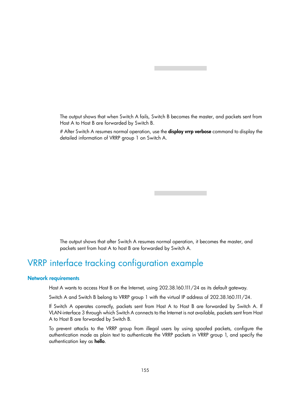 Vrrp interface tracking configuration example, Network requirements | H3C Technologies H3C S12500 Series Switches User Manual | Page 166 / 241
