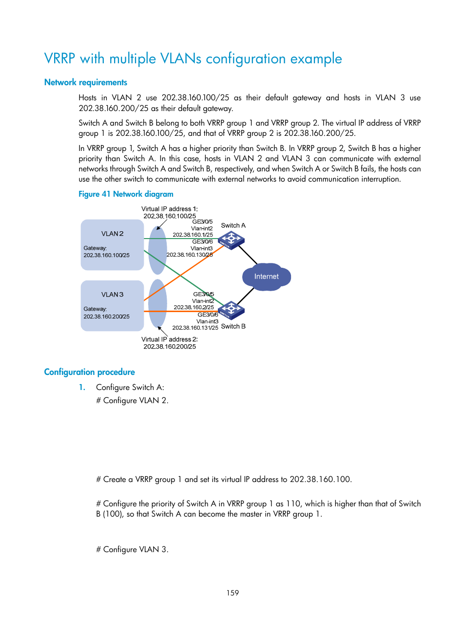 Vrrp with multiple vlans configuration example, Network requirements, Configuration procedure | H3C Technologies H3C S12500 Series Switches User Manual | Page 170 / 241