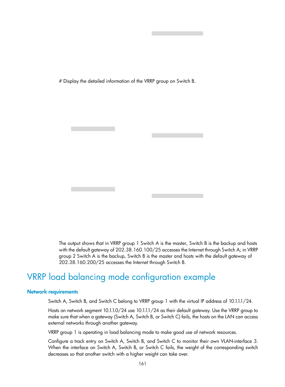 Vrrp load balancing mode configuration example, Network requirements | H3C Technologies H3C S12500 Series Switches User Manual | Page 172 / 241