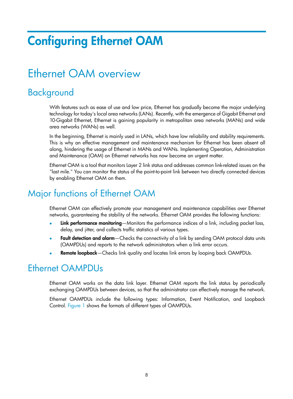 Configuring ethernet oam, Ethernet oam overview, Background | Major functions of ethernet oam, Ethernet oampdus | H3C Technologies H3C S12500 Series Switches User Manual | Page 19 / 241
