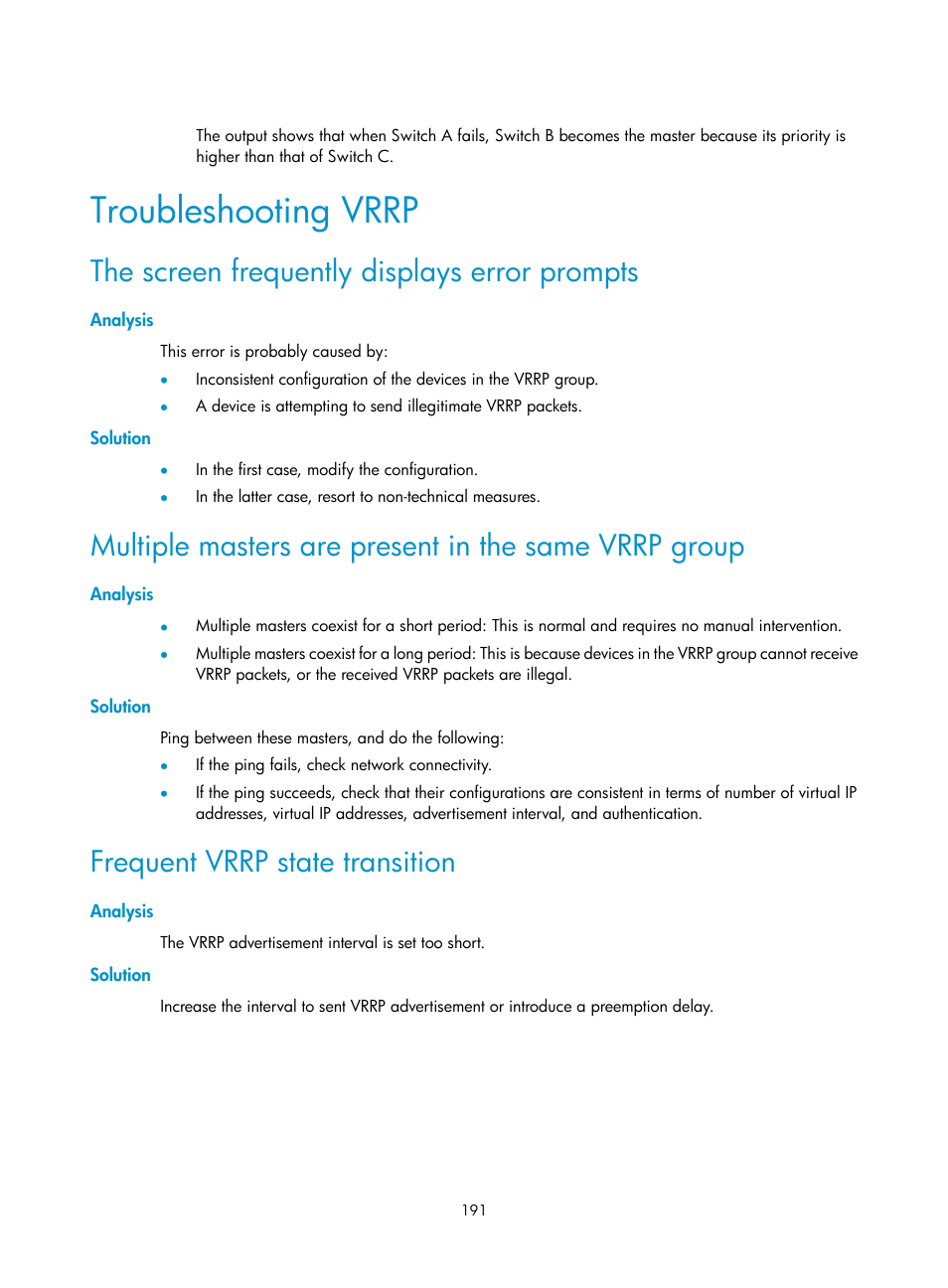 Troubleshooting vrrp, The screen frequently displays error prompts, Analysis | Solution, Frequent vrrp state transition | H3C Technologies H3C S12500 Series Switches User Manual | Page 202 / 241