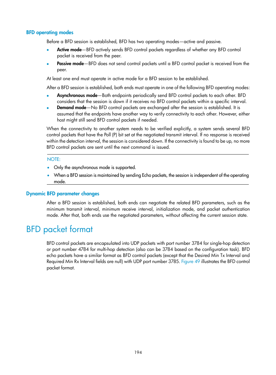 Bfd operating modes, Dynamic bfd parameter changes, Bfd packet format | H3C Technologies H3C S12500 Series Switches User Manual | Page 205 / 241
