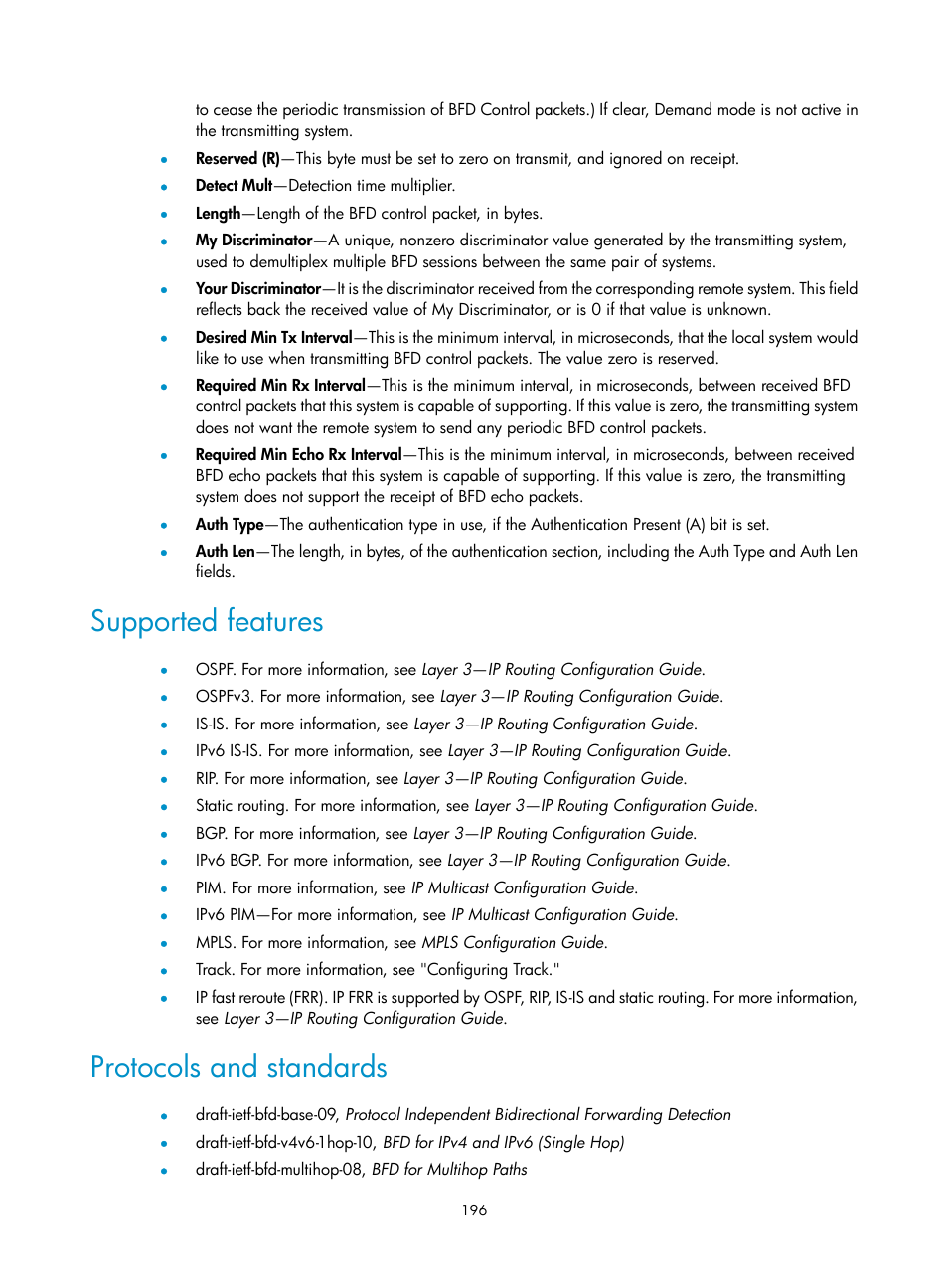 Supported features, Protocols and standards | H3C Technologies H3C S12500 Series Switches User Manual | Page 207 / 241