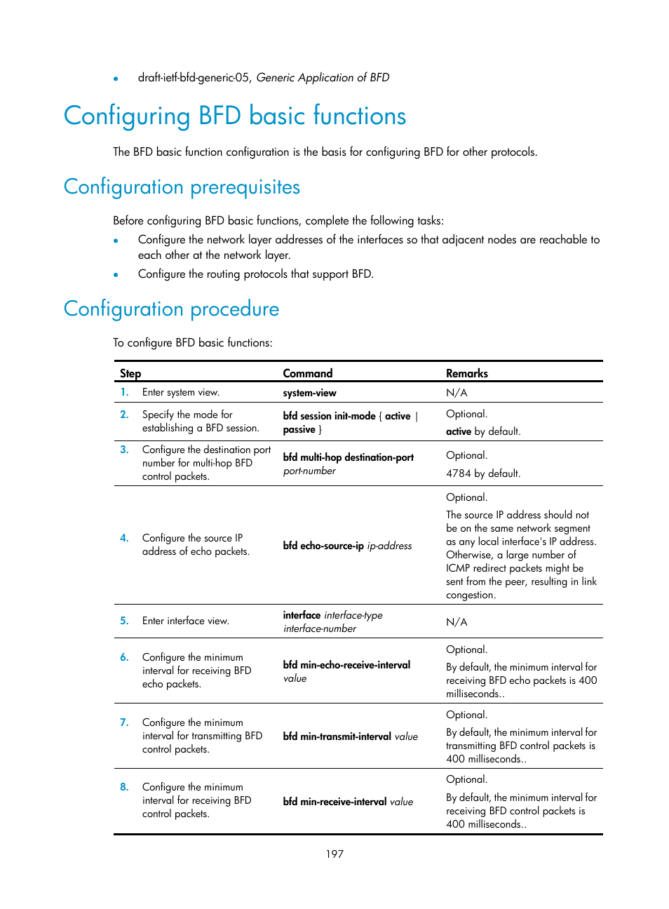 Configuring bfd basic functions, Configuration prerequisites, Configuration procedure | H3C Technologies H3C S12500 Series Switches User Manual | Page 208 / 241