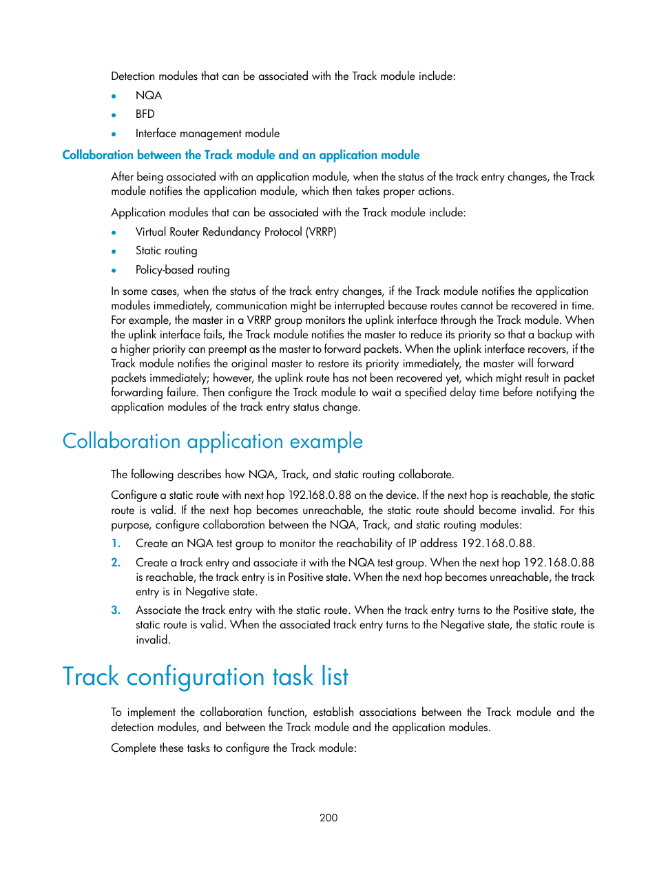 Collaboration application example, Track configuration task list | H3C Technologies H3C S12500 Series Switches User Manual | Page 211 / 241